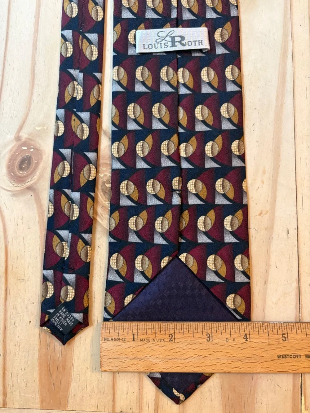 Vintage Louis Roth Silk Geometric Abstract Necktie Maroon Gold Silver